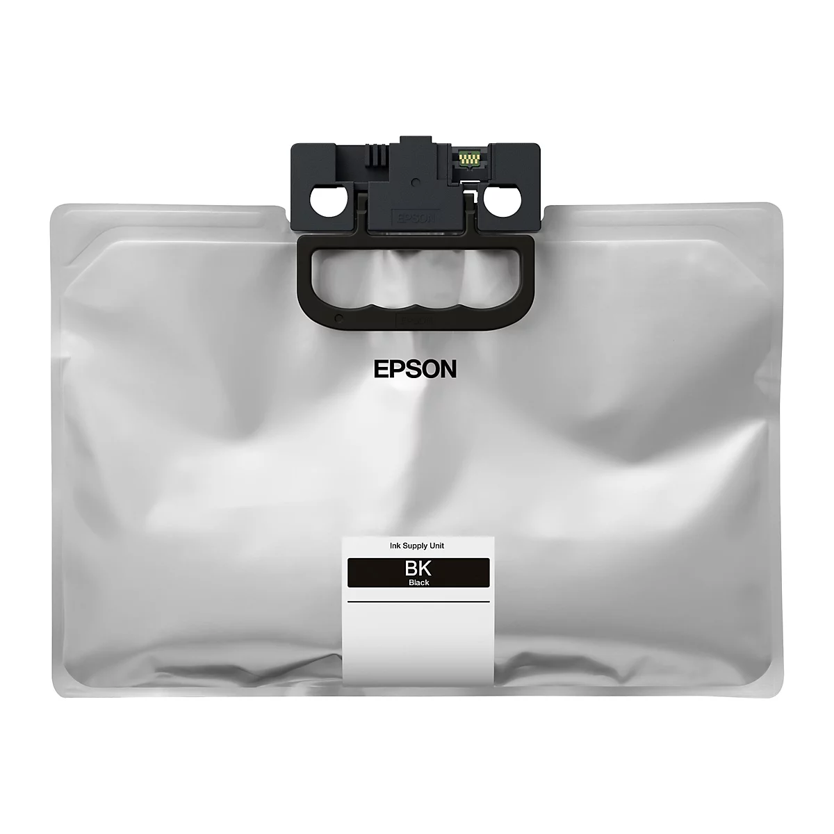 Schwarze Tintenpatrone von Epson. Auf dem weißen Beutel ist ein schwarzer Griff und ein schwarzes Gehäuse angebracht. Epson ist auf dem Griff aufgedruckt, sowie auf dem Beutel.