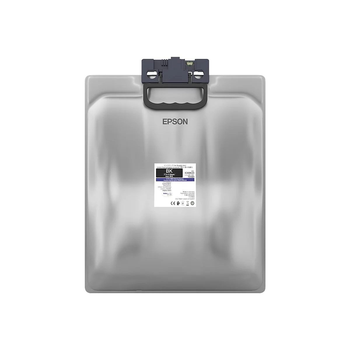 Silberner Epson T05B1 Tintenbeutel für Drucker mit schwarzem Griff und Label.