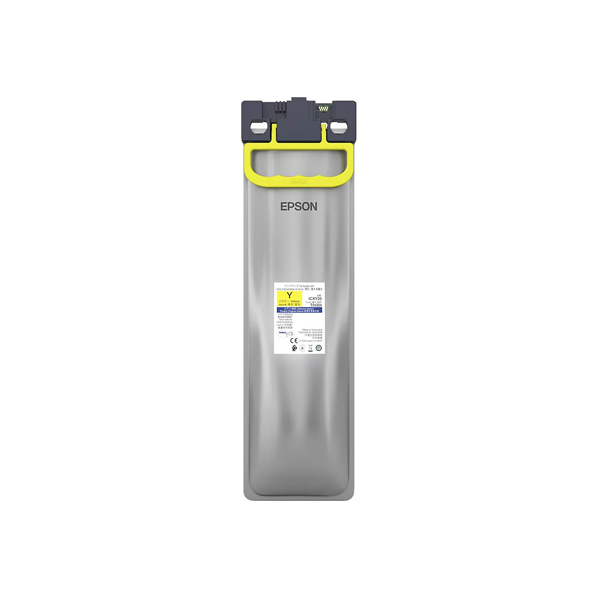 Gelbe Tintenpatrone, grauer BehÃ¤lter mit gelbem Griff. Aufschrift: EPSON, Y. WeiÃŸe Etiketten.