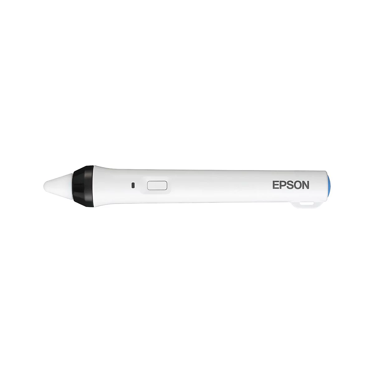 Ein weißer, länglicher Epson Interaktiv-Stift mit schwarzer Spitze vor weißem Hintergrund.