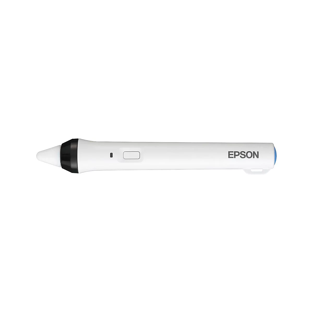 Ein weißer, schlanker Epson Interaktionsstift auf weißem Hintergrund mit schwarzer Spitze und Funktionstaste.