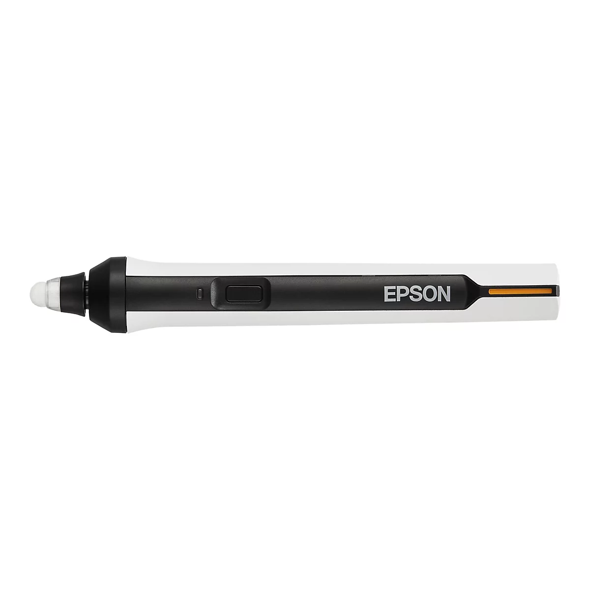 Ein weißer Epson Digitalstift mit schwarzer Griffzone, einer Taste und einer hellen Spitze vor weißem Hintergrund.