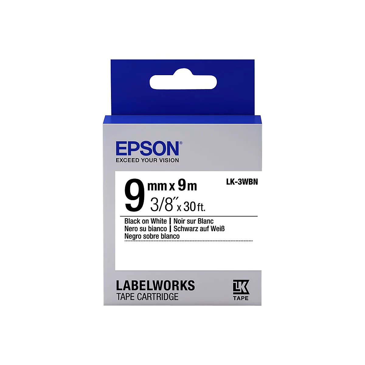 Eine Epson LabelWorks Tape Cartridge Packung, weiß-blau. Beschriftung: 9mm x 9m, Schwarz auf Weiß.