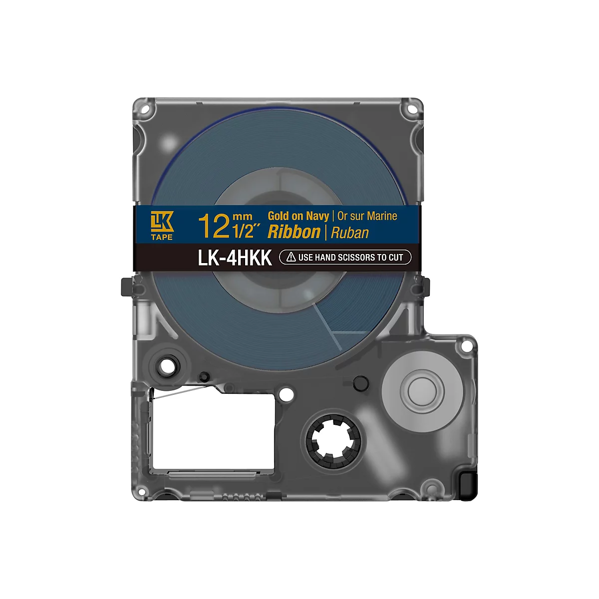 Etikettenband für Beschriftungsgeräte. Blaues Band auf einer Spule, umgeben von transparentem Kunststoff. Beschriftung: 12,5 mm, Gold auf Marine.