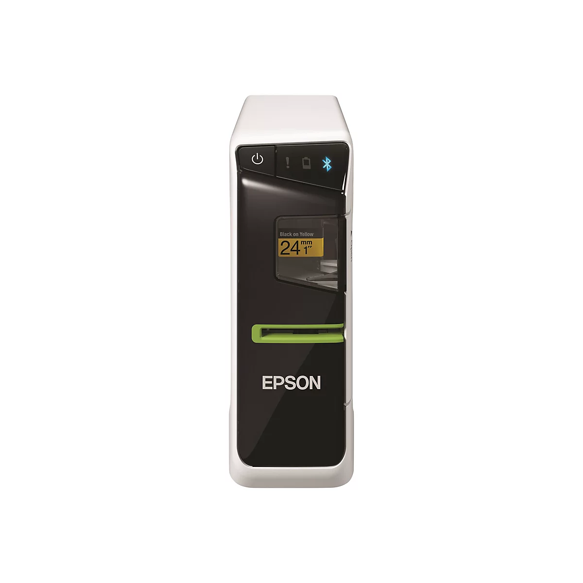 Imprimante noir et blanc avec bande verte et logo EPSON. Texte sur l'écran : Black on Yellow 24 mm 1".