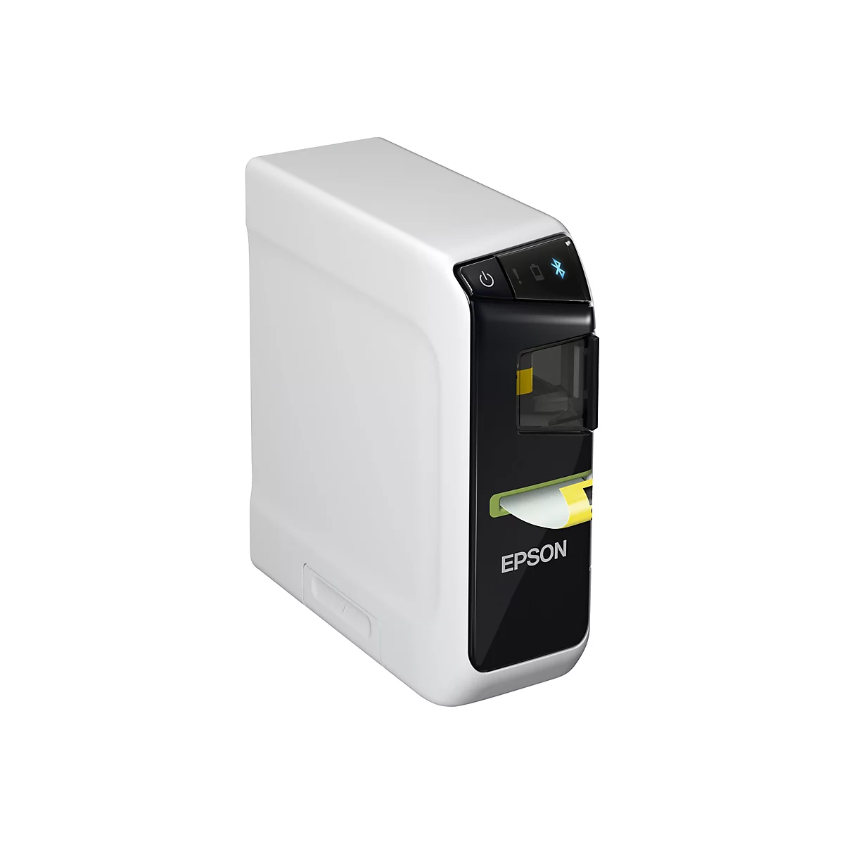 Imprimante d'étiquettes blanche et rectangulaire avec façade noire. Indicateurs Bluetooth et d'alimentation bleus en haut, lettrage "EPSON".