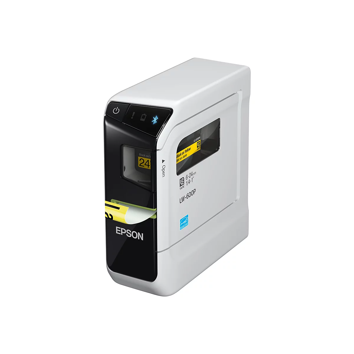Imprimante d'étiquettes Epson blanche, panneau de commande noir avec icônes et affichage avec 24. Il est imprimé "Black on Yellow".