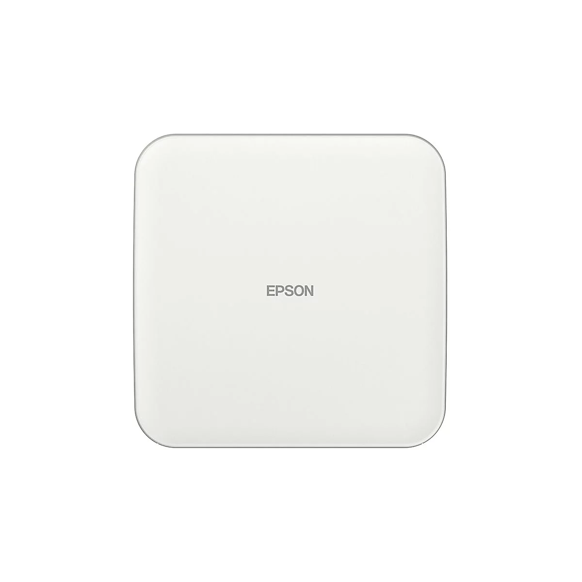 Rechteckiger, weißer Epson-Drucker mit abgerundeten Ecken. Der Markenname steht mittig.