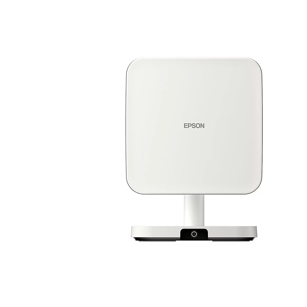 Weißer Epson Projektor. Rechteckiges Oberteil, zylindrischer Stiel, runder Sockel mit Objektiv. Epson-Logo.