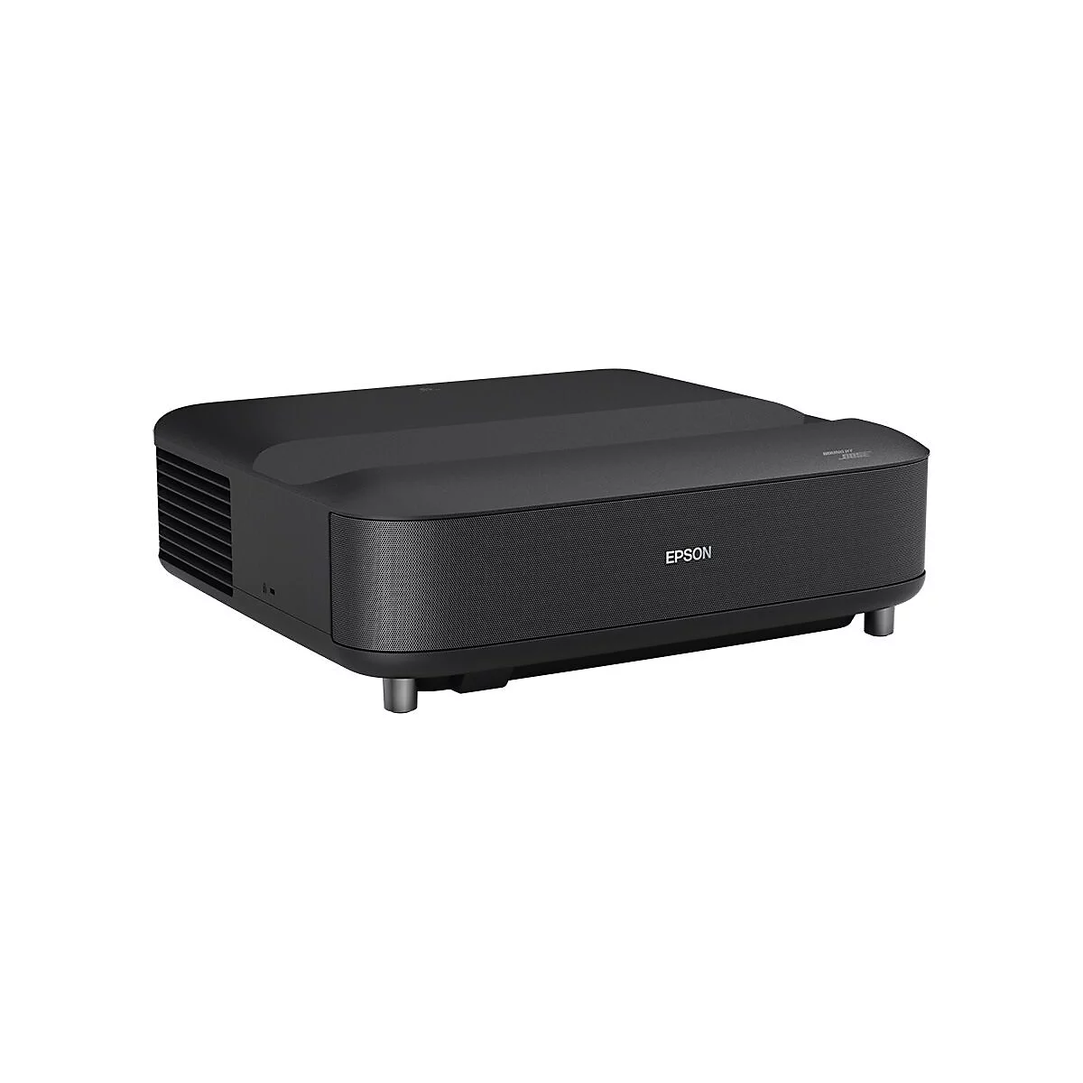 Schwarzer Epson Projektor auf weißem Hintergrund. Vorne steht „Epson“.