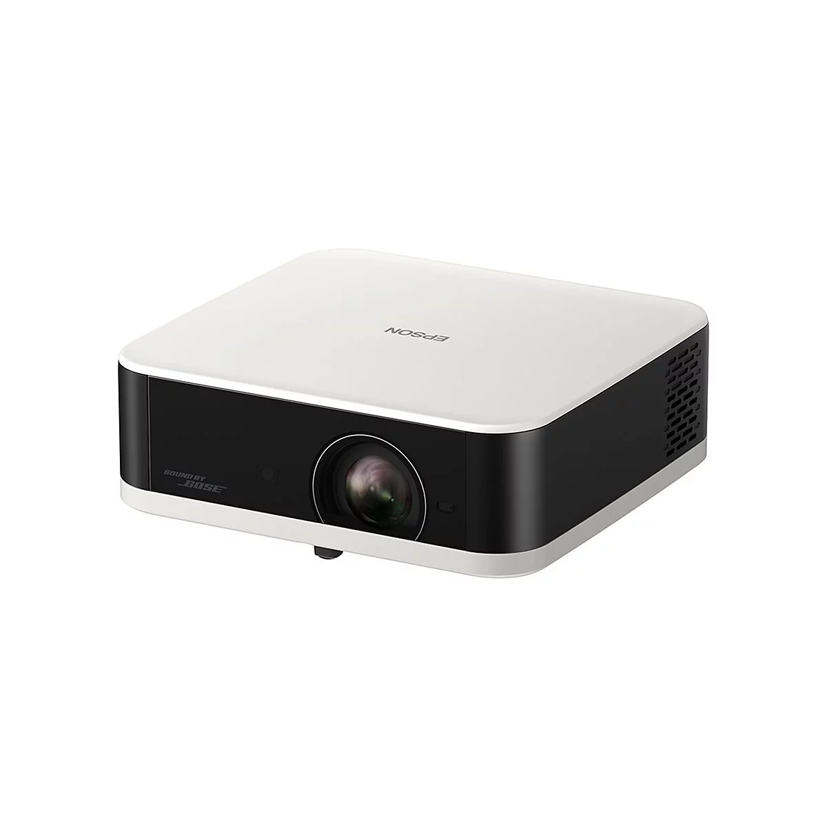 Ein rechteckiger, weiß-schwarzer Projektor mit Objektiv und "EPSON" Schriftzug. Sound by Bose.
