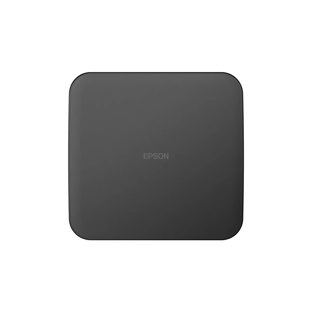 Schwarzes, quadratisches Gerät mit abgerundeten Ecken. Darauf steht in hellgrauer Schrift „EPSON“.