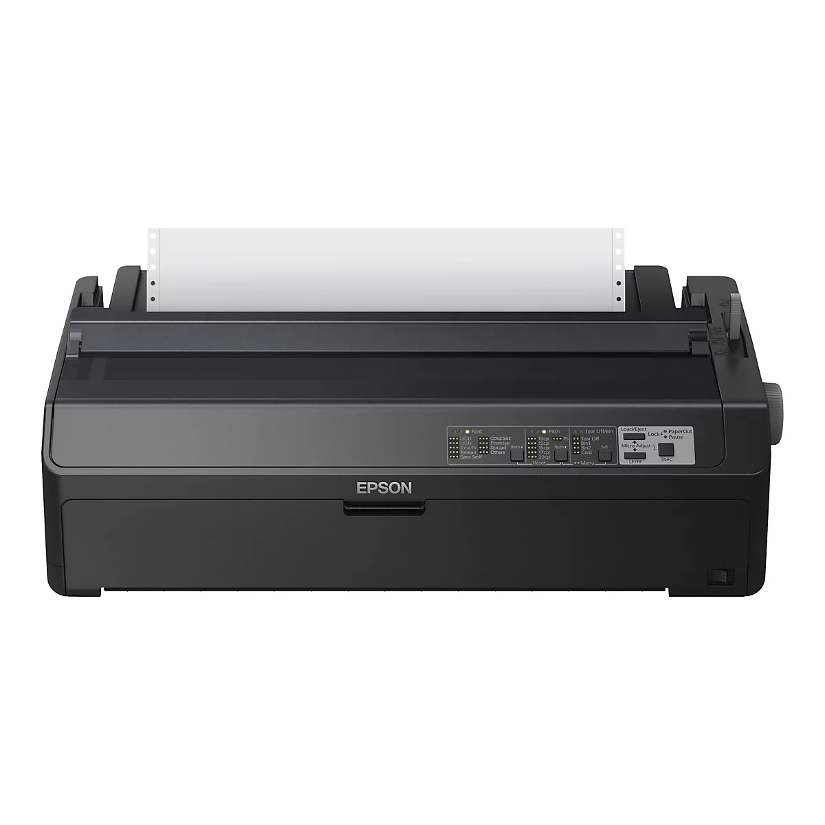 Schwarzer Nadeldrucker mit eingelegtem Endlosformular. Die Marke Epson ist auf der Vorderseite sichtbar.