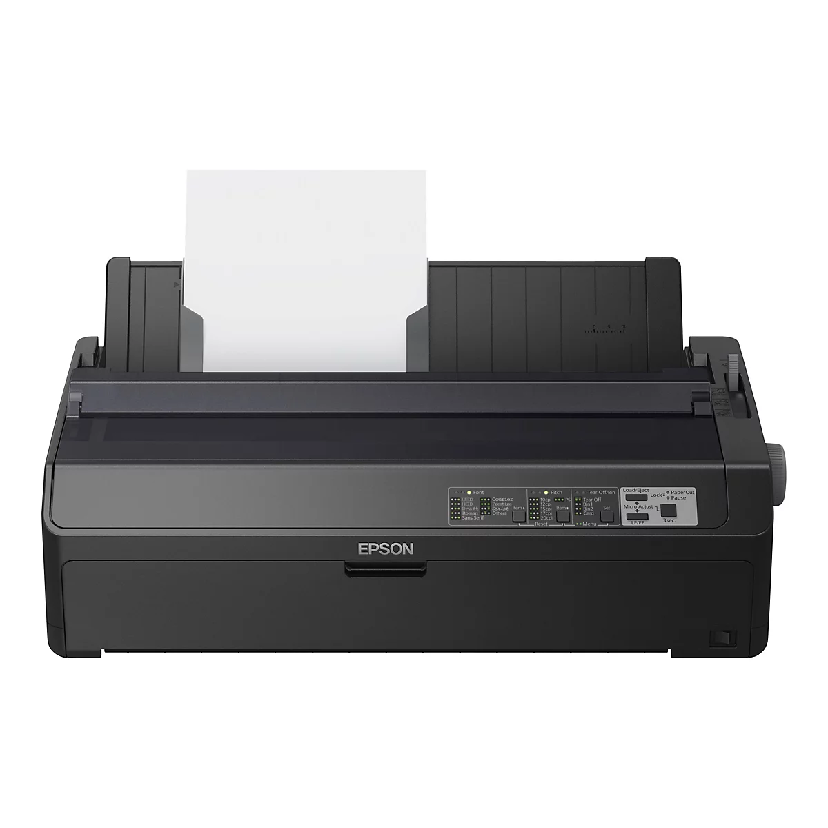 Ein schwarzer Epson Nadeldrucker mit einem Blatt Papier im Papierschacht.