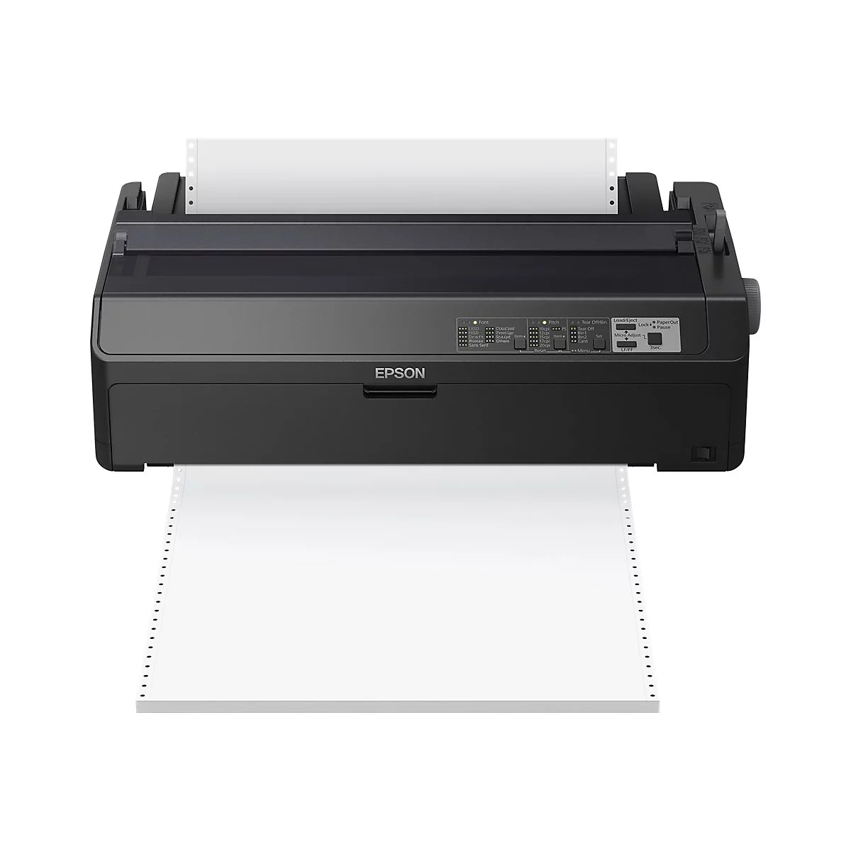 Draufsicht eines schwarzen Epson-Nadeldruckers mit Papier. Ausgabebogen unten, ZufÃ¼hrung oben.
