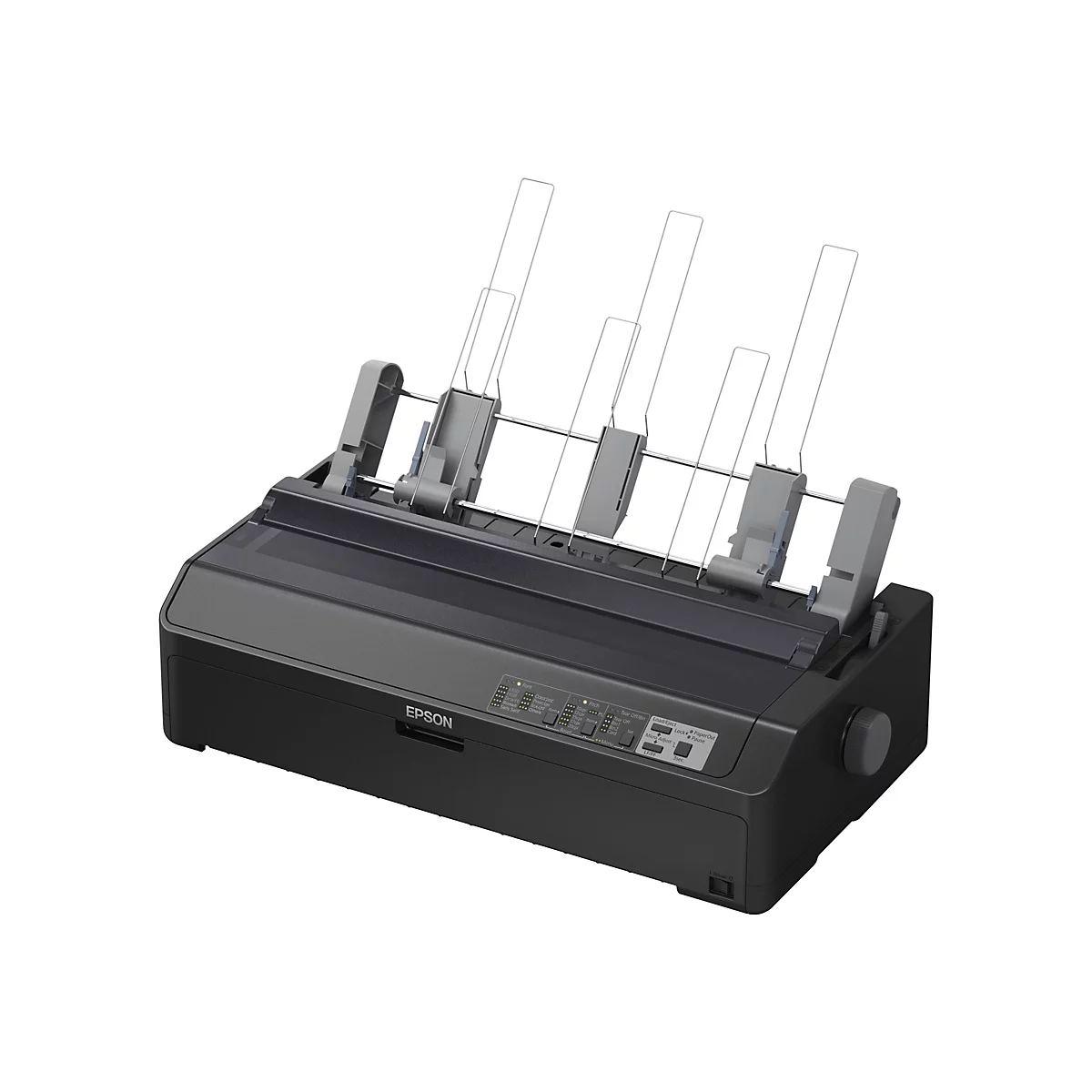 Schwarzer Nadeldrucker, mit Papierführung und Bedienfeld. Auf dem Gerät steht "EPSON".