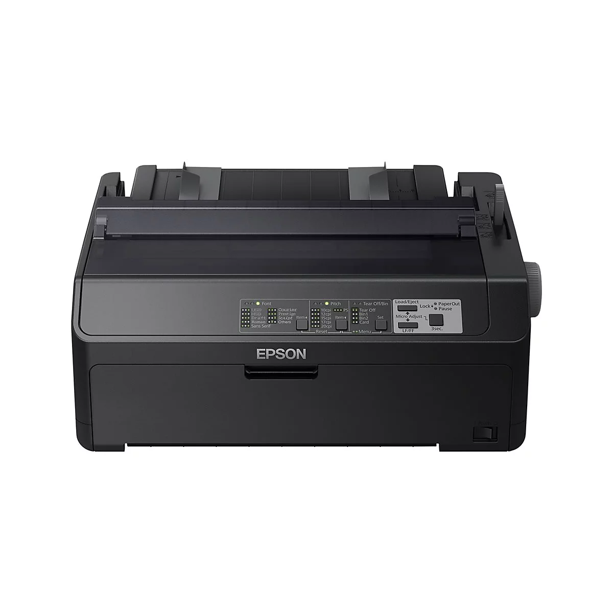 Schwarzer Epson Nadeldrucker. Bedienfeld mit KnÃ¶pfen und Anzeige. Logo: EPSON.
