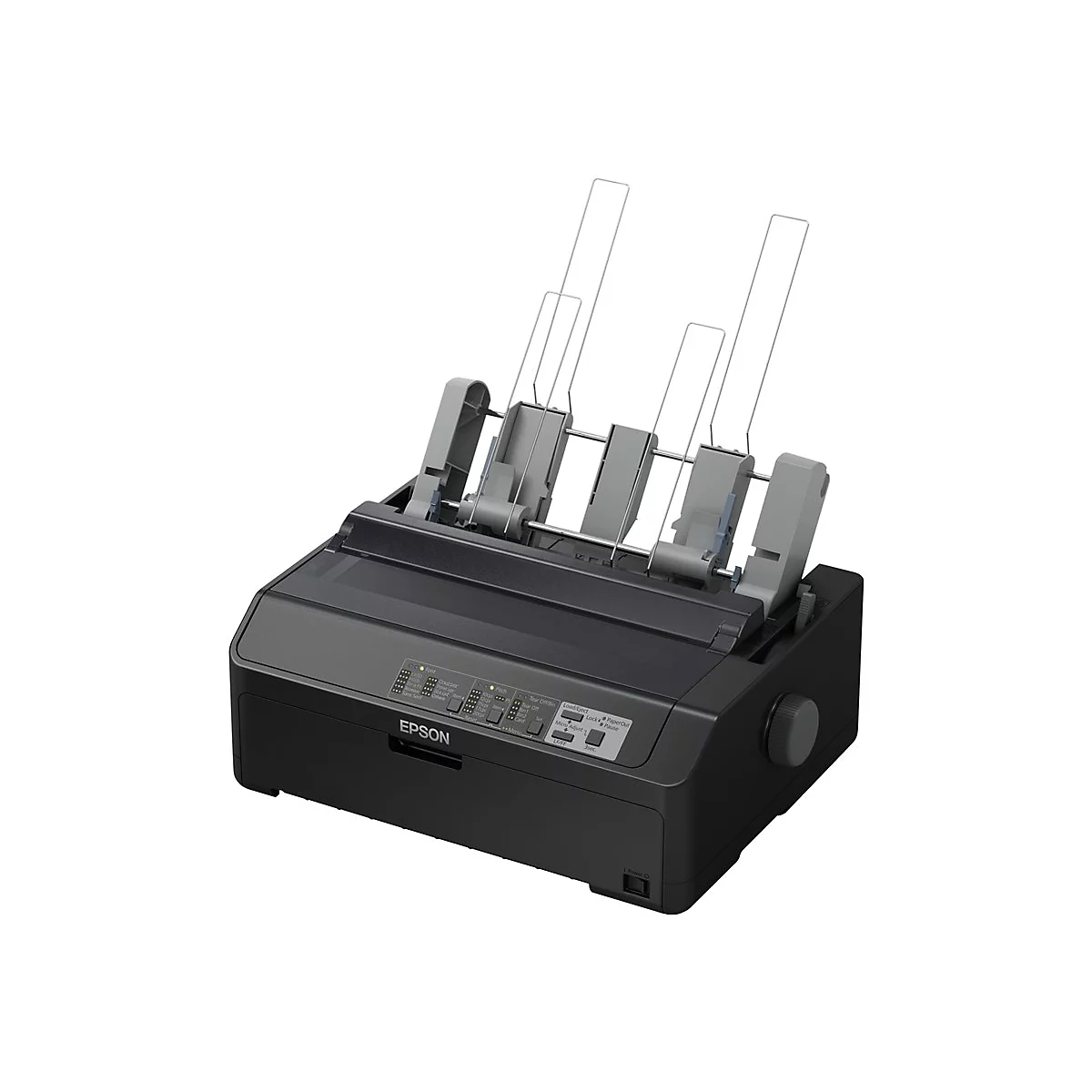 Schwarzer Nadeldrucker Epson. Graue Halterungen halten Papier, Bedienfeld mit KnÃ¶pfen und Epson-Logo.