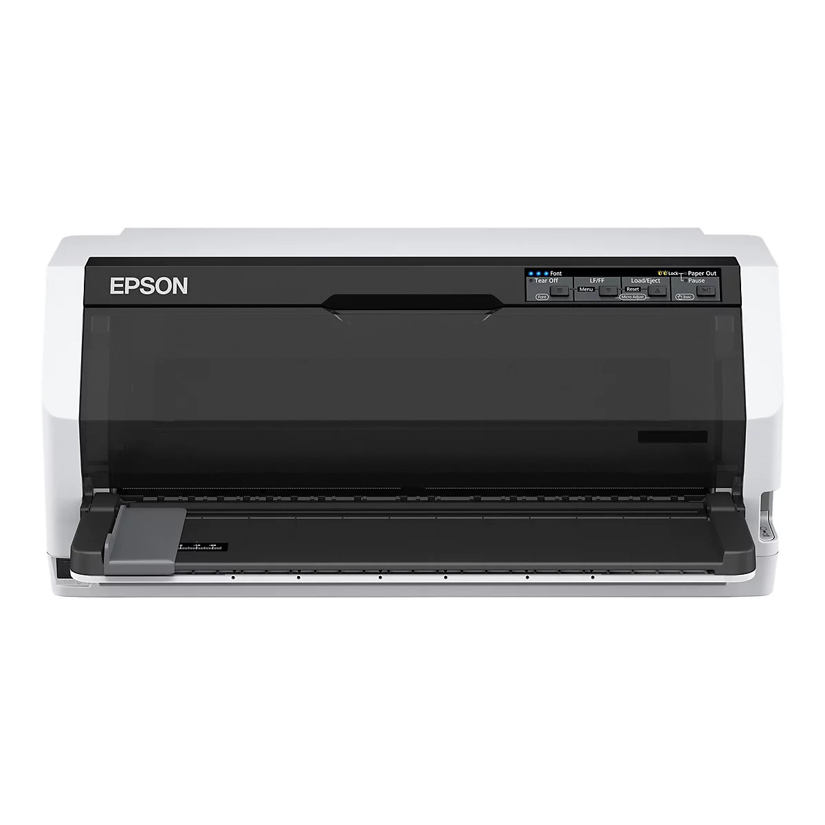 Ein grauer Epson-Drucker mit offener Klappe und Bedienfeld. Schwarzes Gehäuse, Bedienfeld oben, Schriftzug 'EPSON'.