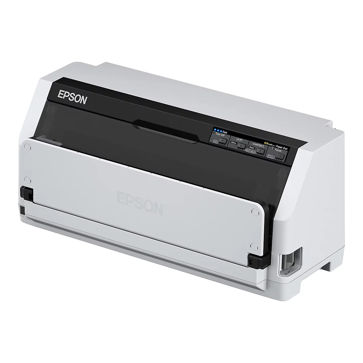 Hellgrauer Epson-Drucker mit schwarzem Bedienfeld. Oben steht der Name Epson. Auf dem Bedienfeld befinden sich Tasten und Leuchten.