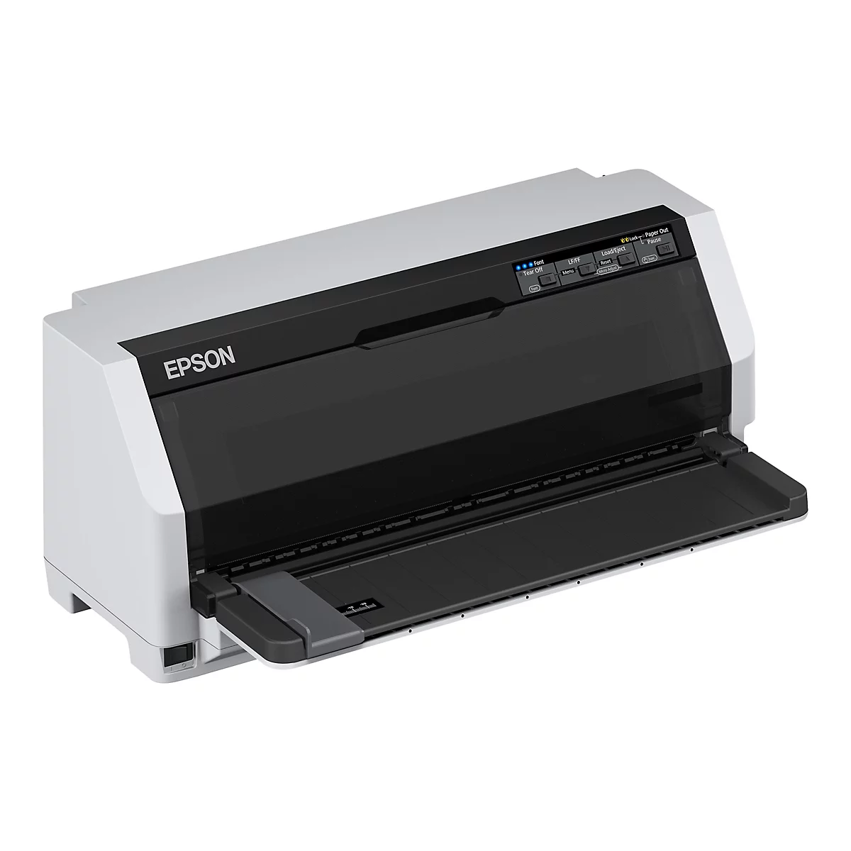 Ein grauer Epson-Drucker mit offener Klappe, Bedienelementen und dem Firmenlogo. Der Druckmechanismus ist sichtbar.