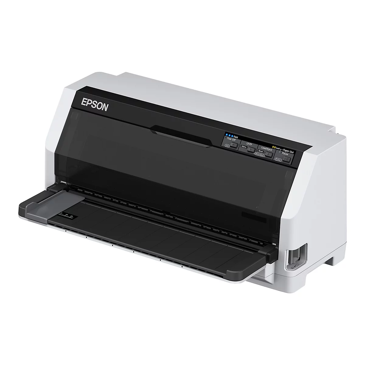 Ein weiß-schwarzer Drucker mit der Aufschrift "EPSON". Der Papiereinzug ist geöffnet. Bedienfeld mit Tasten.