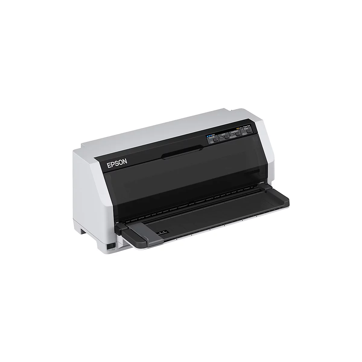 Grau-weiÃŸer Epson-Drucker; schwarzes Bedienfeld; Papierschacht. Schriftzug Epson.