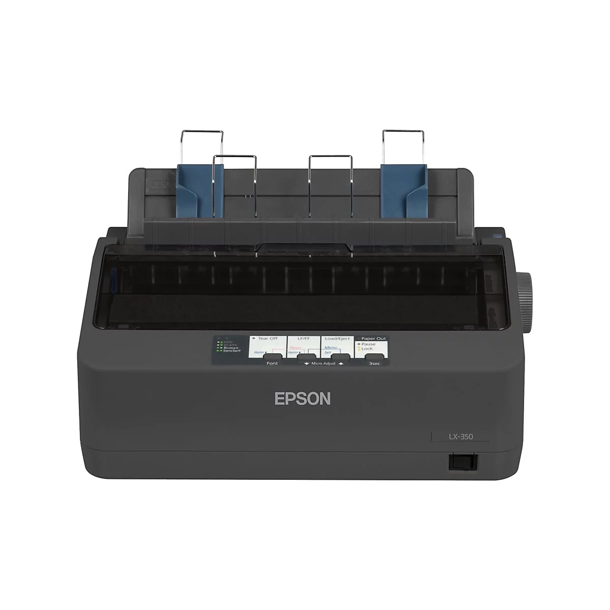 Dunkelgrauer Nadeldrucker mit blauem Papierhalter, Epson-Logo, Schriftzug 'LX-350'.