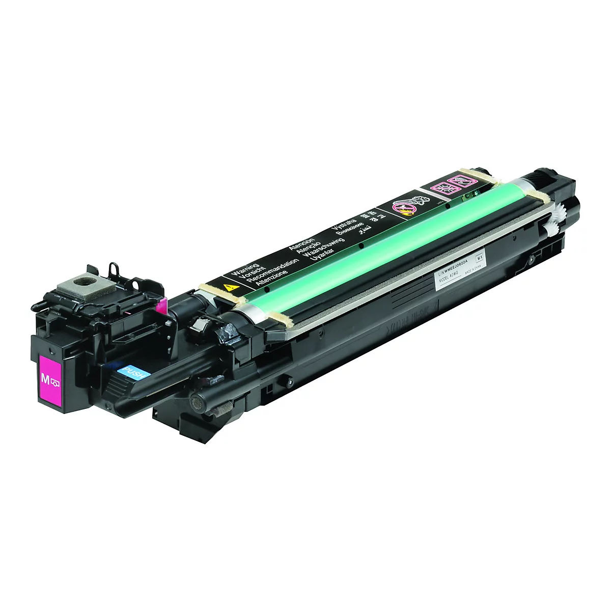 Eine schwarze Tonerkartusche mit Aufschriften. Die Farbe der Kartusche ist magenta. Ein grÃ¼ner Streifen verlÃ¤uft durch die Mitte.