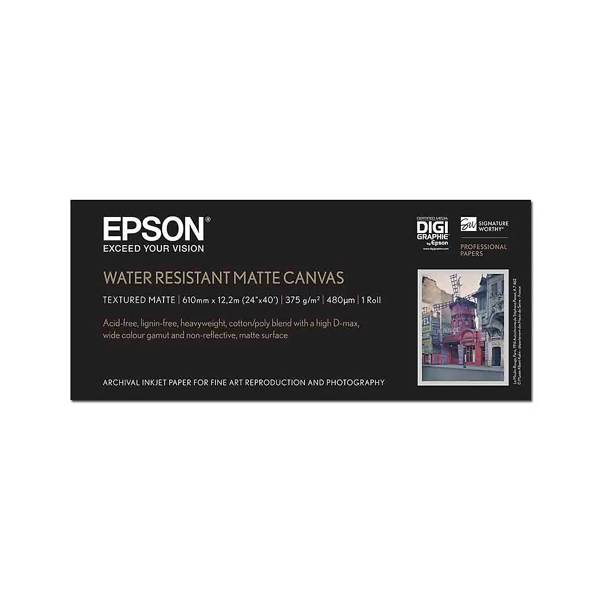 Epson Produktverpackung für Water Resistant Matte Canvas, eine schwarze Box mit Produktdetails und einem Bildbeispiel.