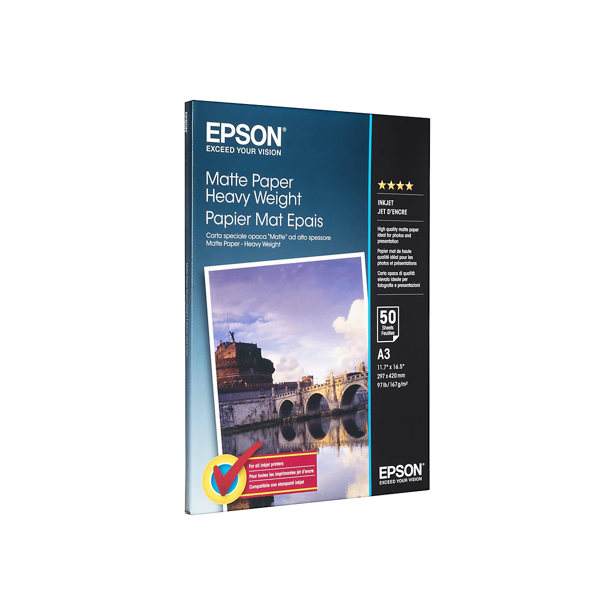 Epson Matte Paper Heavy Weight A3 Verpackung mit Abbildung einer Brücke vor blauem Himmel.