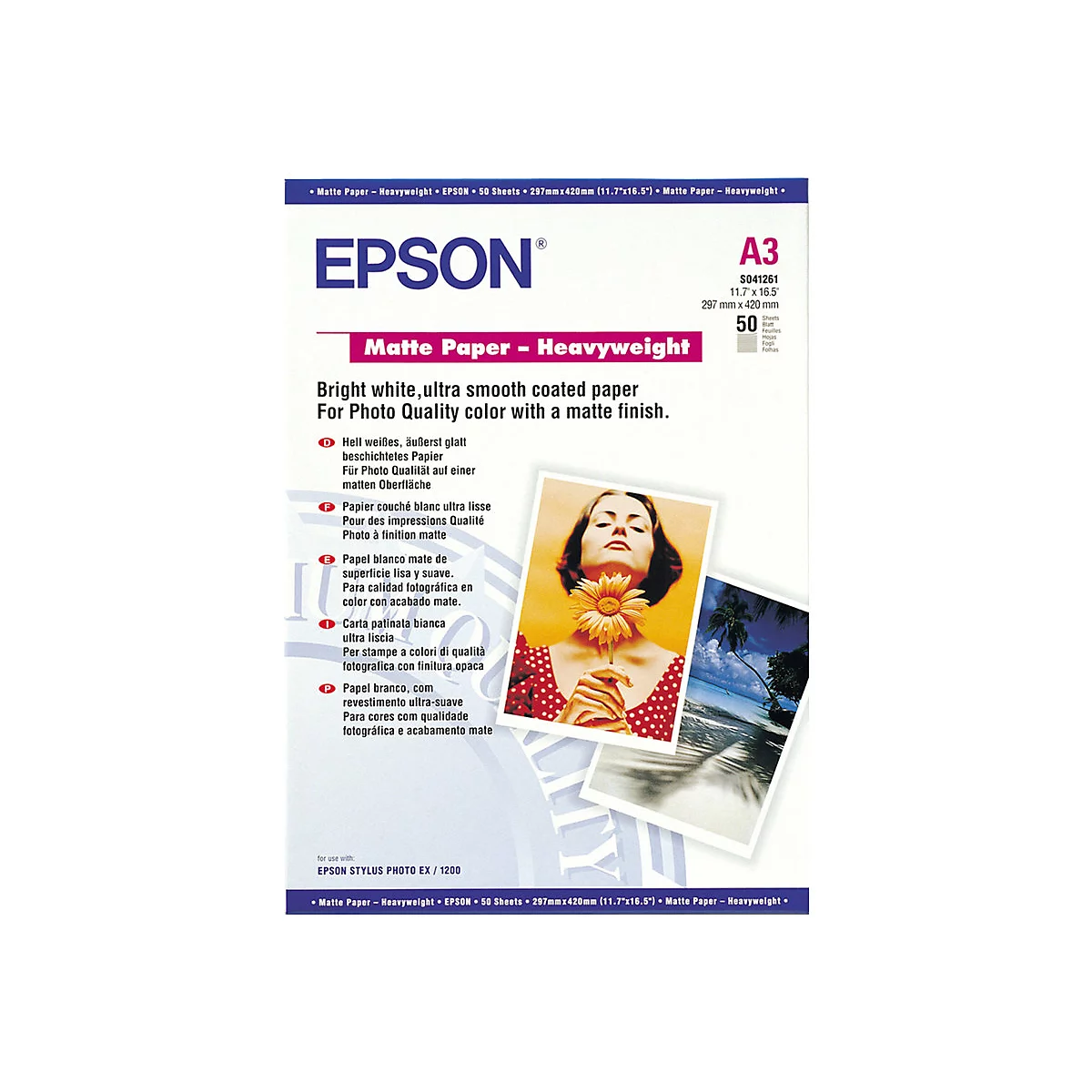 Epson A3 Fotopapier Verpackung mit Produktinfos und zwei Beispielbildern.