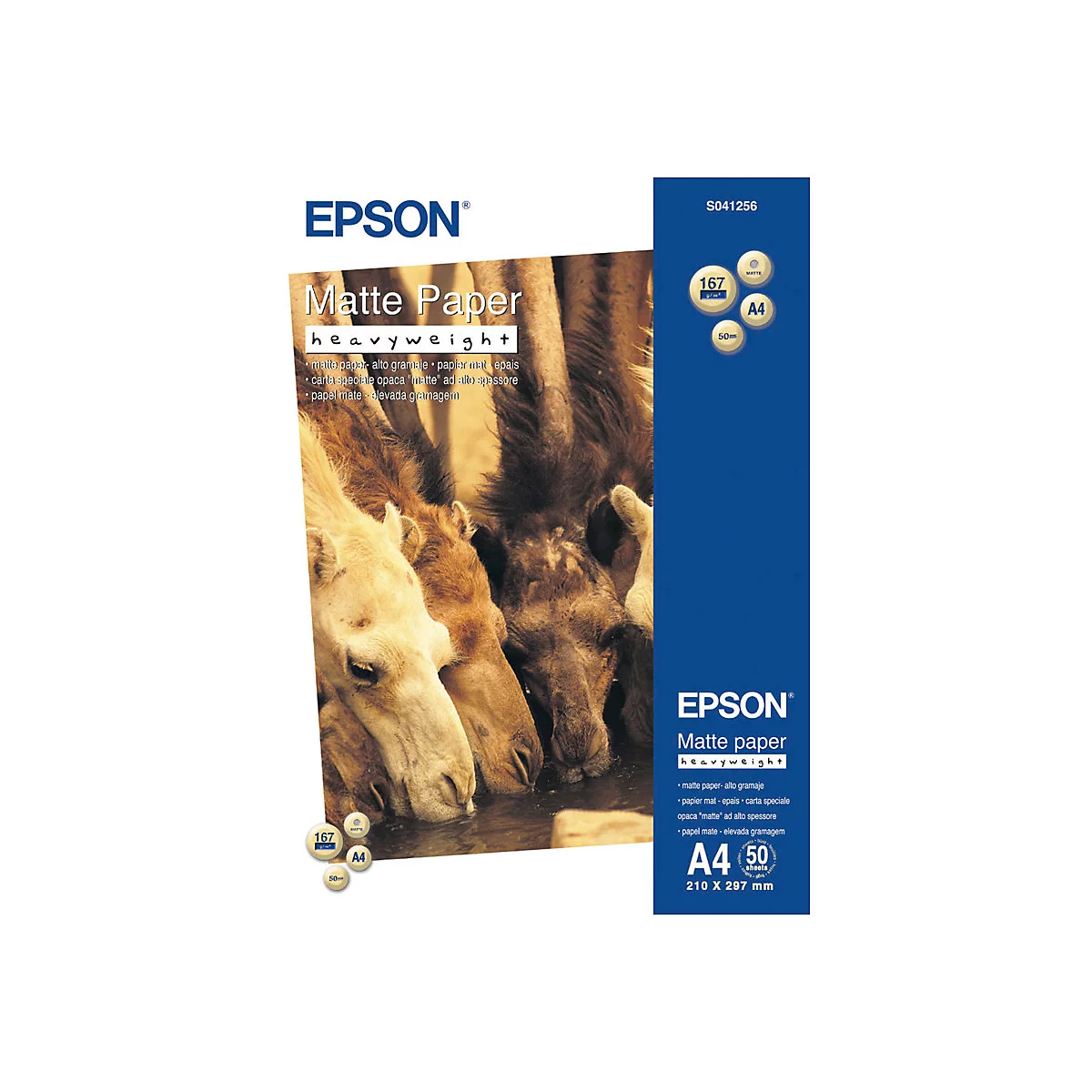 Epson Matte Paper Heavyweight A4 Packung mit Kamel-Motiv auf der Vorderseite.