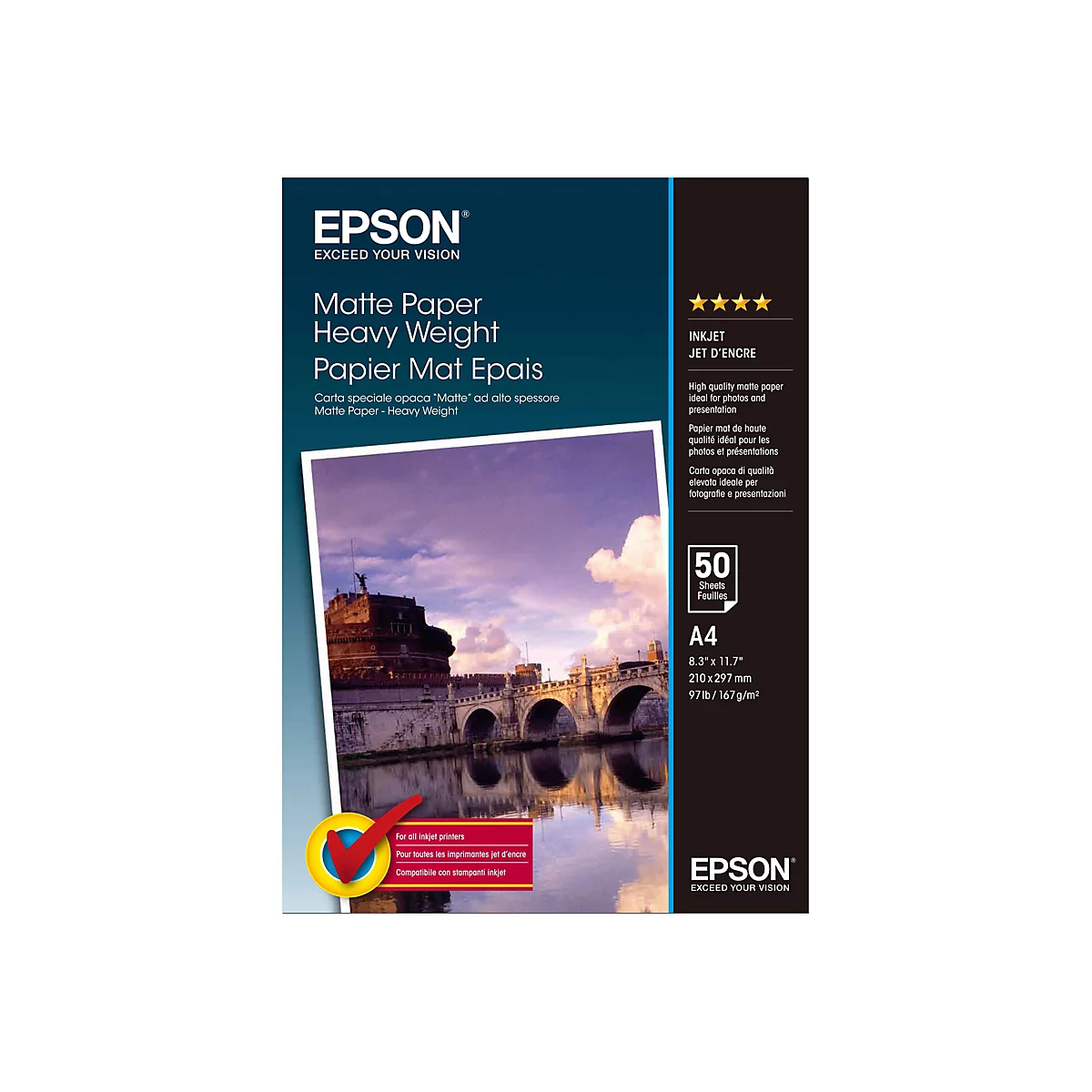 Epson Matte Paper Heavy Weight A4 Verpackung mit Foto einer Brücke vor einem Schloss.