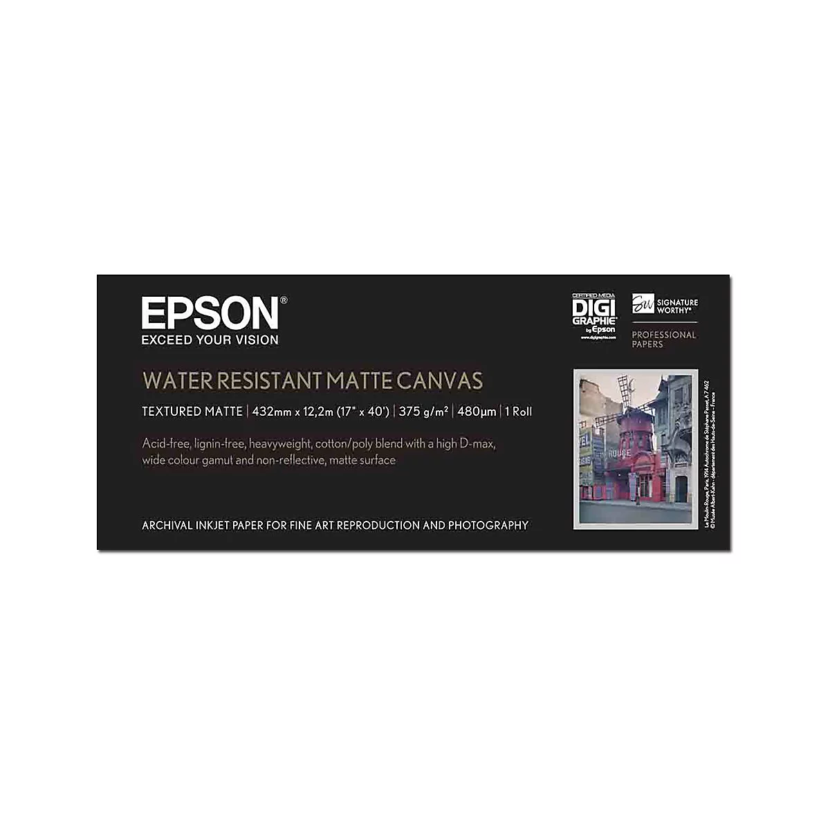 Schwarzes Produktetikett für Epson Water Resistant Matte Canvas mit technischen Spezifikationen und einem Bild vom Moulin Rouge.