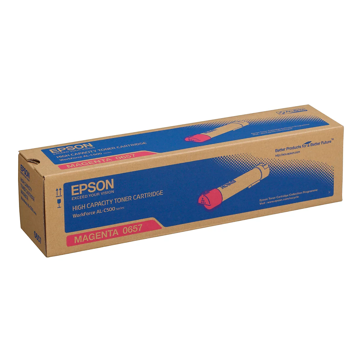 Eine rechteckige, braune Kartonverpackung für eine Epson Tintenpatrone. Auf der Verpackung sind blaue und rosa Elemente mit dem Epson-Logo und Produktinformationen abgebildet.