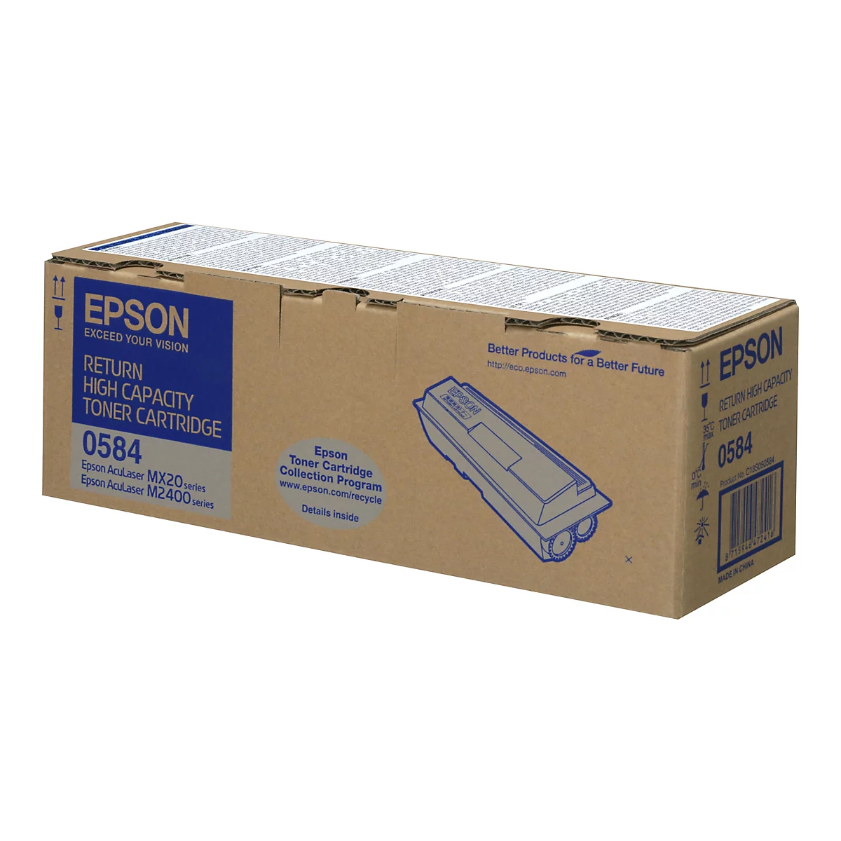 Brauner Epson Toner Kartuschen Karton mit blauem und grauem Aufdruck.
