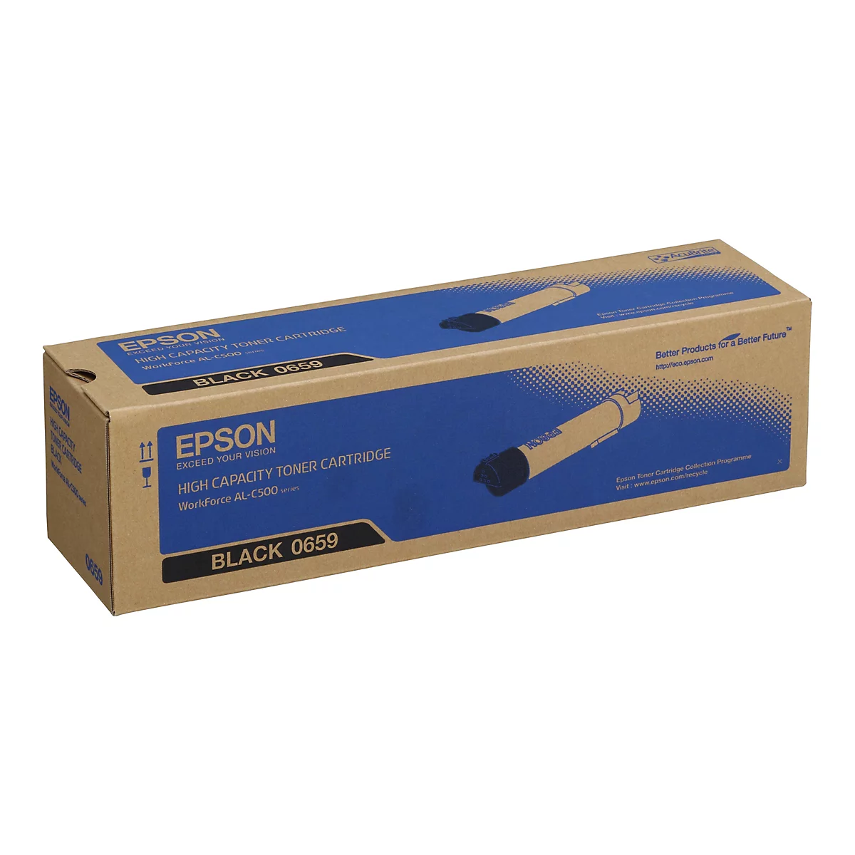 Eine rechteckige Epson-Toner-Kartuschenverpackung vor weißem Hintergrund. Die Schachtel ist überwiegend braun mit blauen Akzenten, die Produktinformationen enthalten, einschließlich "EPSON", "High Capacity Toner Cartridge" und "Black 0659".