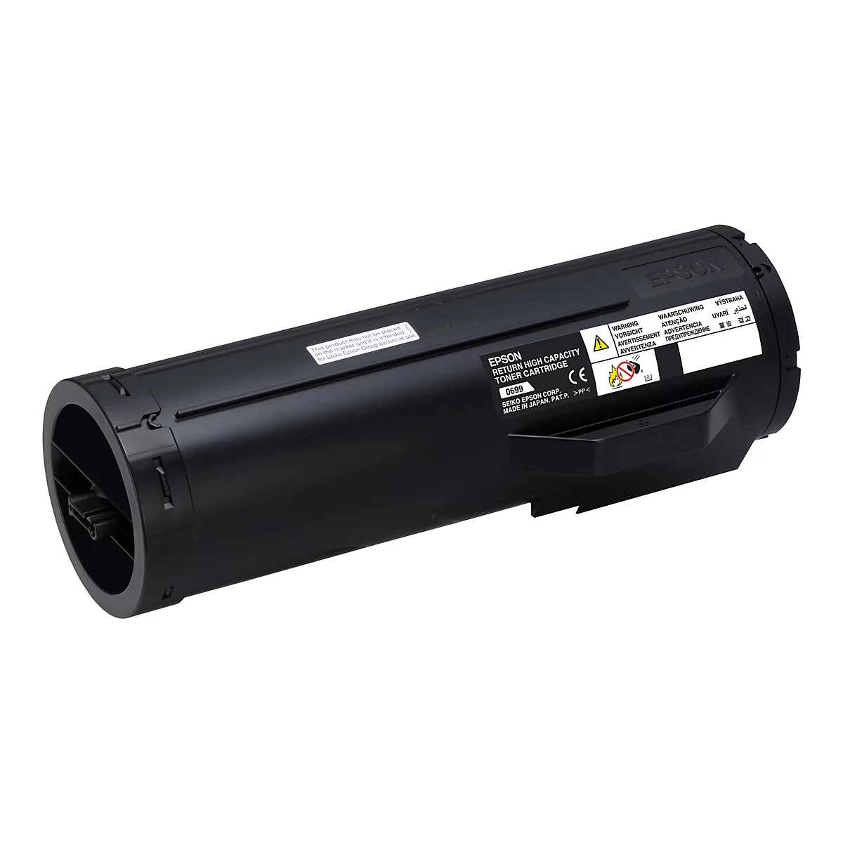 Schwarze Epson Toner Cartridge mit Warnhinweisen und Aufschrift.