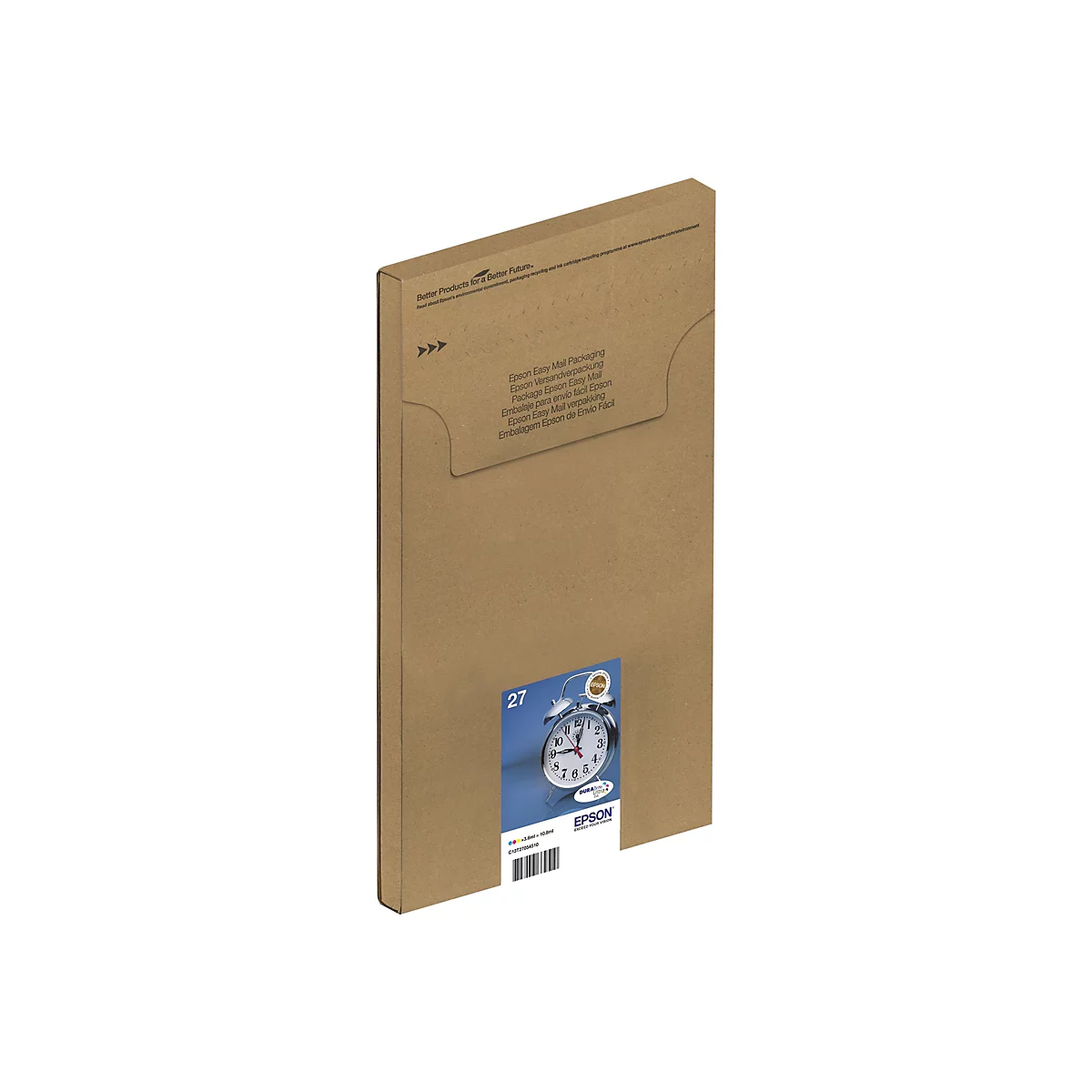 Eine braune Epson Easy Mail Versandverpackung mit einem Aufdruck. Auf der Verpackung ist ein Etikett mit einer Uhr zu sehen.
