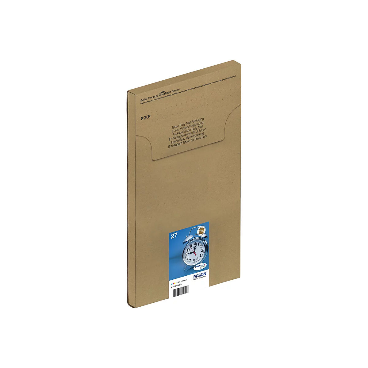 Eine braune Epson-Verpackung, auf der sich ein Aufkleber mit einer Uhr und dem Label Epson befindet. Auf der Verpackung steht in verschiedenen Sprachen "Epson Easy Mail Packaging".