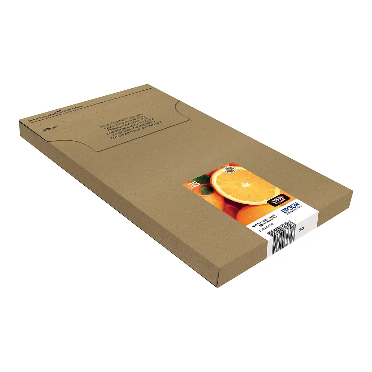 Brauner Karton mit Epson-Logo und Orangen auf der Verpackung. Aufdruck: Epson Easy Mail Packaging.