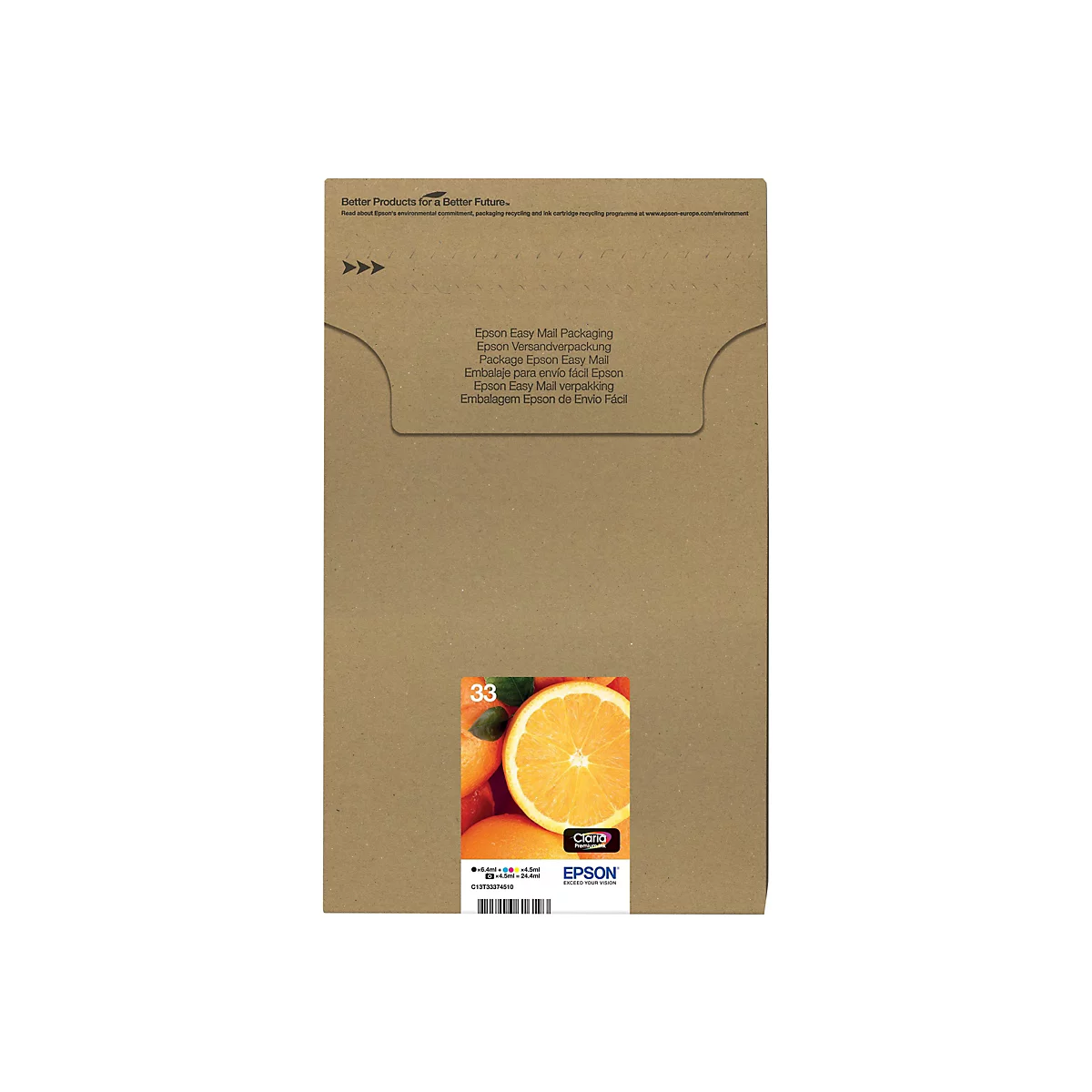 Brauner Karton mit Epson-Logo und Orangenabbildung. Texte in verschiedenen Sprachen.