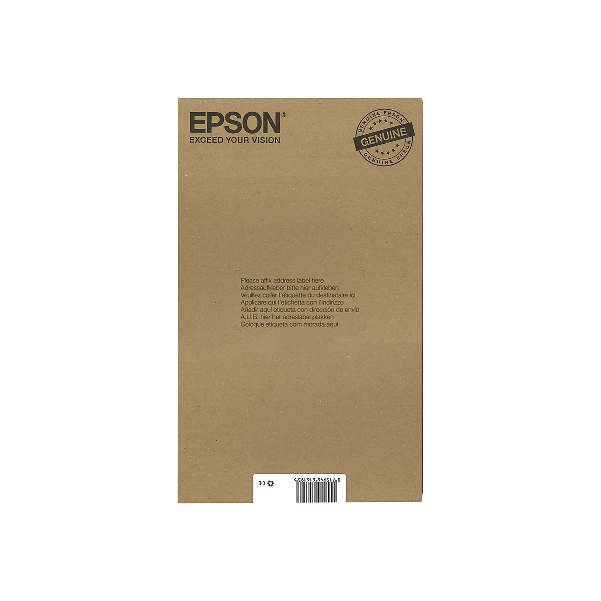 Braunes Papier mit EPSON-Logo und Aufdruck 'GENUINE'. Textfelder für Adressaufkleber.