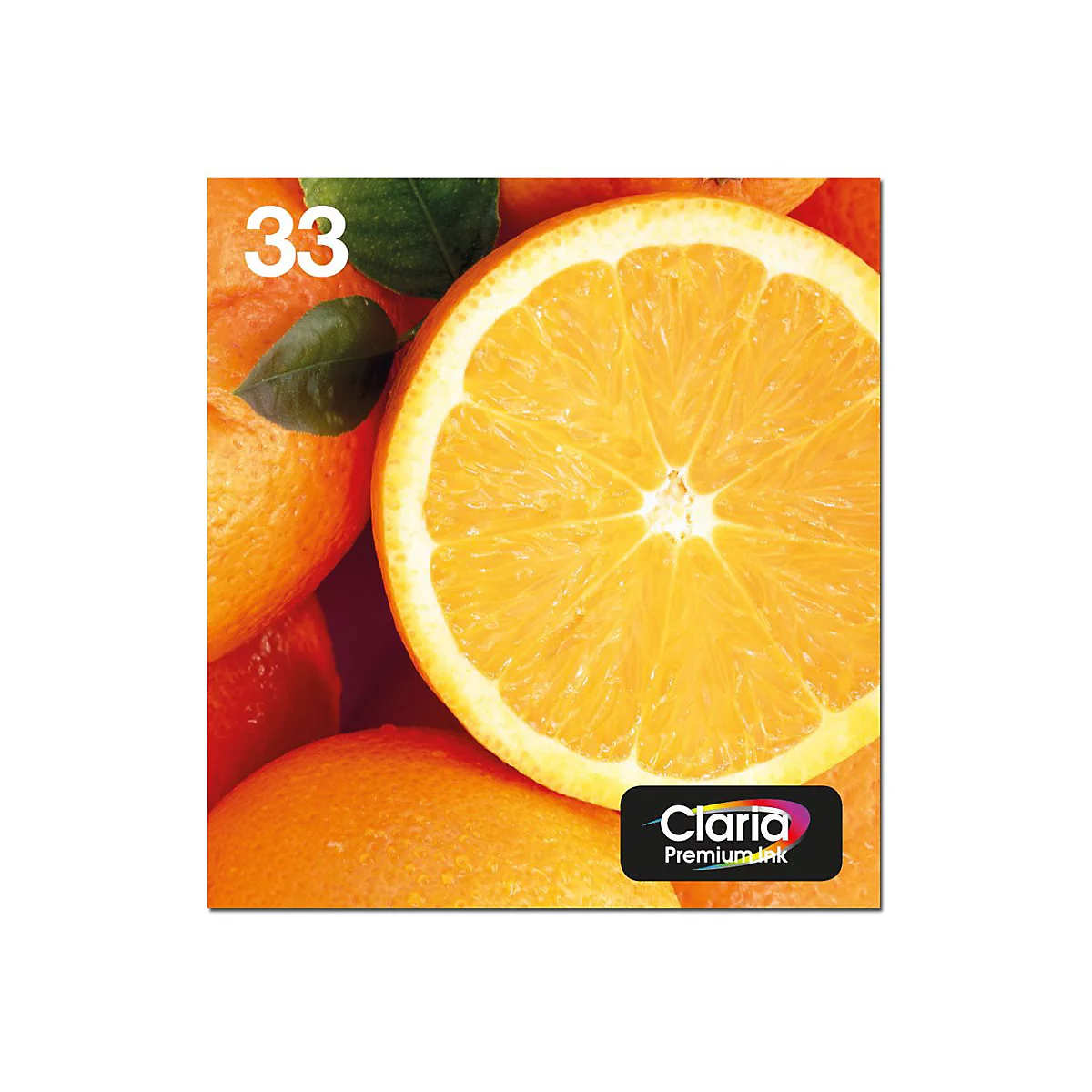 Nahaufnahme einer aufgeschnittenen Orange, die von anderen Orangen umgeben ist. Darüber steht die Zahl 33.