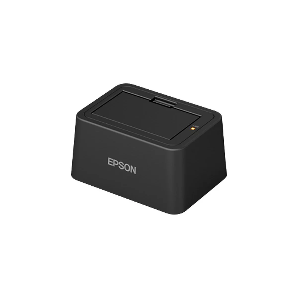 Ein schwarzes Epson-Ladegerät oder Dockingstation. Auf der Oberseite befindet sich eine Öffnung und ein Kontrolllicht.