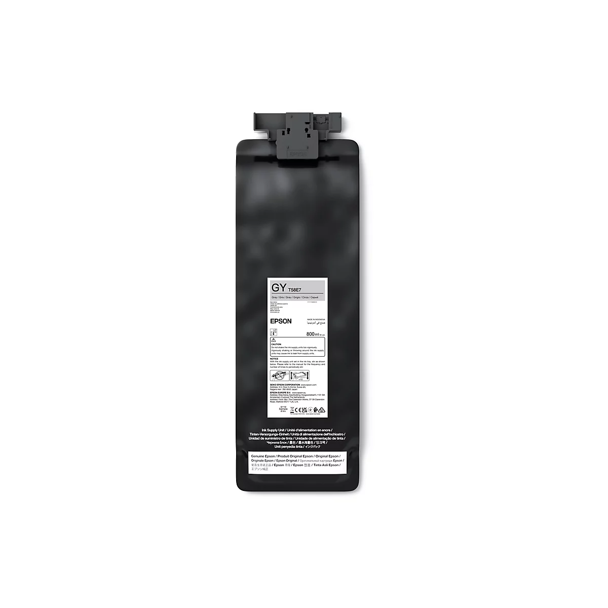 Schwarzer Epson T58E7 Tintenspeicher mit 800 ml Kapazität und Etikett auf weißem Hintergrund.