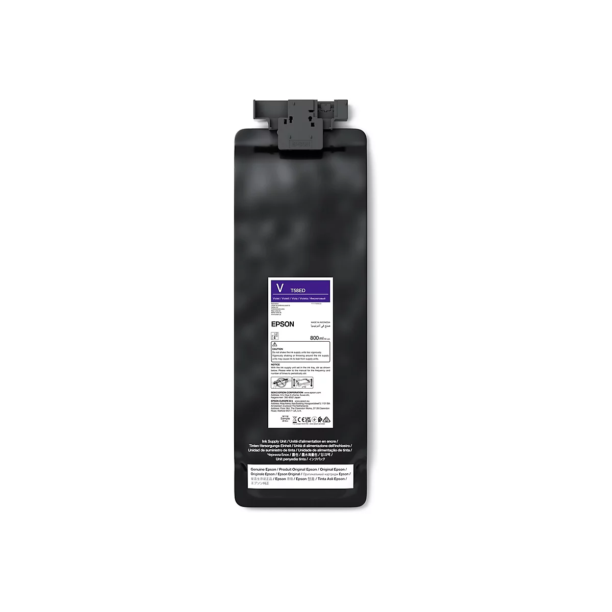 Epson Tinten-Versorgungseinheit T58ED in Violett vor neutralem Hintergrund.