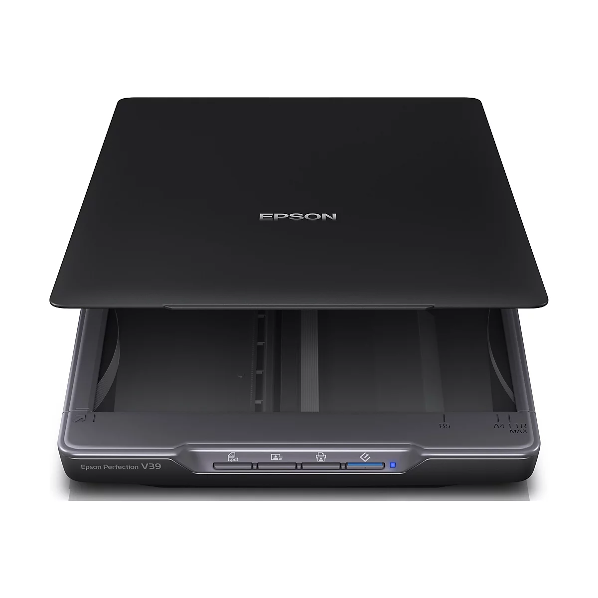 Un scanner Epson noir avec couvercle ouvert. Le mot EPSON est en haut. Le nom du modèle Epson Perfection V39 est visible en bas.