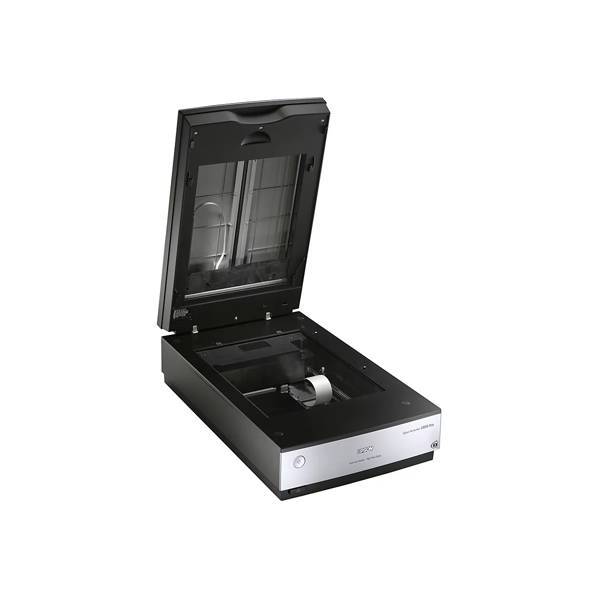 Ein offener, schwarzer Flachbettscanner. Der Deckel ist angehoben, darunter Glasplatten. Das GehÃ¤use ist silberfarben mit Modellnamen.